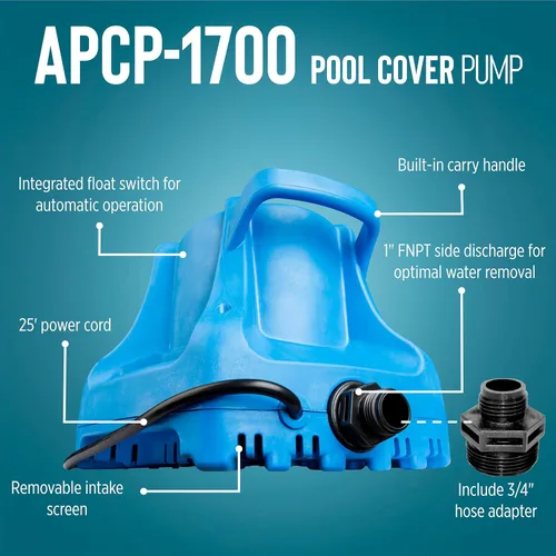 Miniatura 3 de Little Giant APCP-1700 Bomba de cubierta de piscina de 115 voltios, 1/3 HP, 1745 GPH, automática, sumergible, con cable de 25 pies, azul claro
