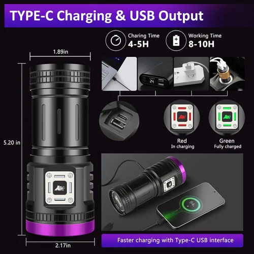Miniatura 5 de Linterna UV de 45 W, linterna recargable por USB, potente linterna de luz negra LED de 9 núcleos de 385-395 nm para detección de orina de mascotas
