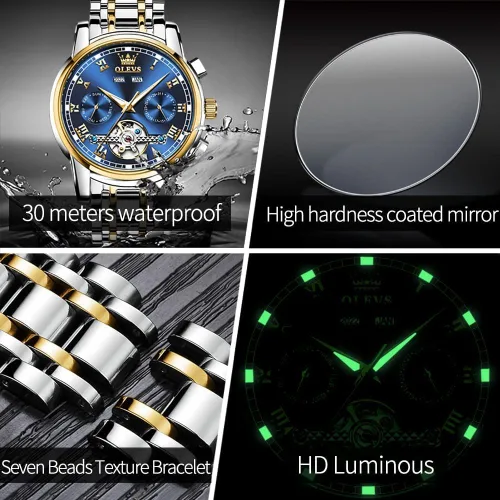 Miniatura 5 de OLEVS Reloj automático para hombre, cuerda automática, mecánica, de lujo, de acero inoxidable, multicalendario, impermeable, luminoso, reloj