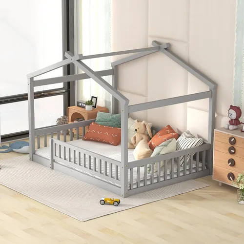 Miniatura 3 de MERITLINE Cama individual Montessori para niños, marco de cama individual Montessori con rieles y techo, no necesita somier, para niños, Gris