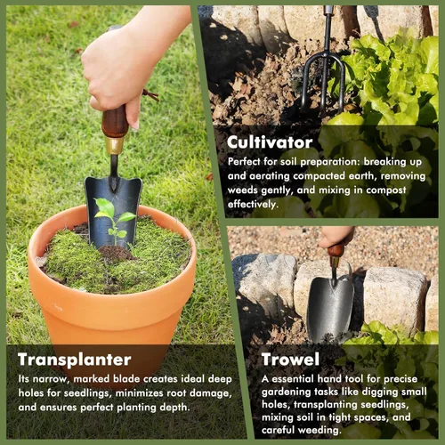 Miniatura 6 de RESTMO Kit de herramientas de jardinería 3 en 1, herramientas de mano de jardín de acero al carbono de alta calidad con mango de madera ergonómico