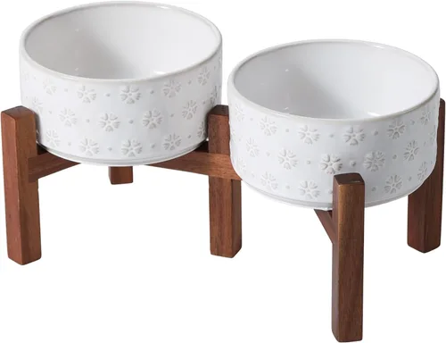 Havniva Cuenco elevado de cerámica para perros de 6.1 pulgadas con soporte antideslizante (madera de acacia), dos opciones de altura, cuenco de