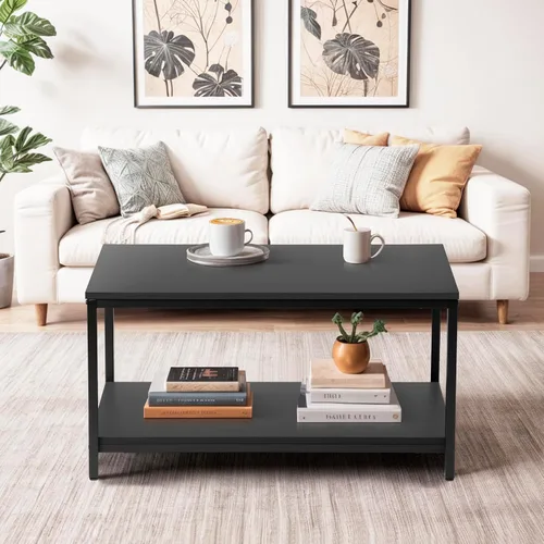Miniatura 8 de SUPER DEAL - Mesa de café industrial de 2 niveles con estante de almacenamiento para apartamento pequeño, sala de estar, mesa auxiliar rectangular