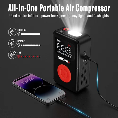 Miniatura 4 de GREPRO Inflador de neumáticos, compresor de aire portátil, bomba de aire portátil de 160 PSI con medidor de presión digital, luz LED y múltiples
