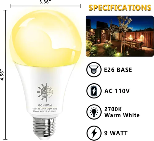 Miniatura 7 de Gonhom Paquete de 2 Bombillas de Luz del Atardecer al Amanecer para Exteriores, Blanco Cálido 2700K, 720LM, 9W (Equivalente a 60W) A19 E26 Bombillas