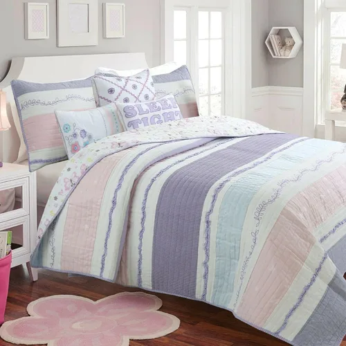 Miniatura 14 de Cozy Line Home Fashions Juego de ropa de cama acolchado reversible de niña con volantes rosa claro y azul de 100% algodón, colcha, cubrecama
