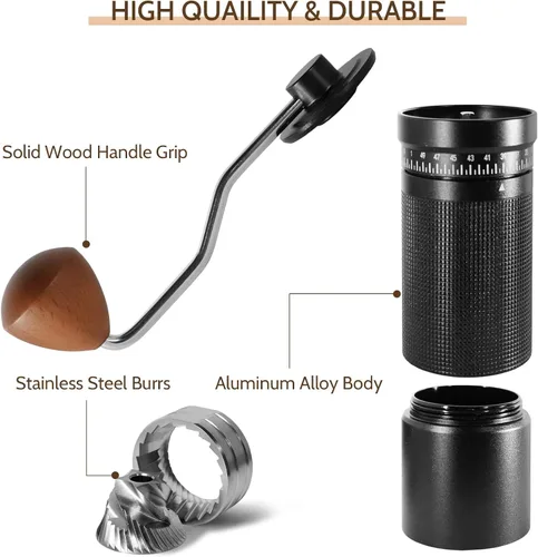 Miniatura 5 de Molinillo de café manual con ajustes ajustables externos digitales, molinillo de mano portátil con rebabas cónicas de acero inoxidable, capacidad