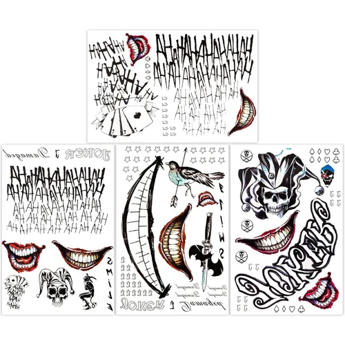 4 hojas de tatuajes de Joker, basuwu de tamaño grande, impermeables, para Halloween, todas las versiones, se ven reales y duran mucho tiempo, 4 pzas