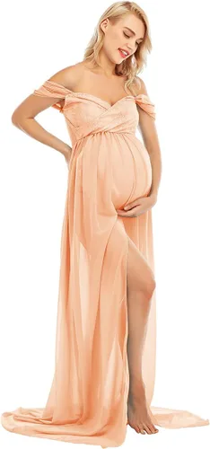 Vestido largo de gasa con hombros descubiertos para fotografía de maternidad con abertura frontal para sesión de fotos