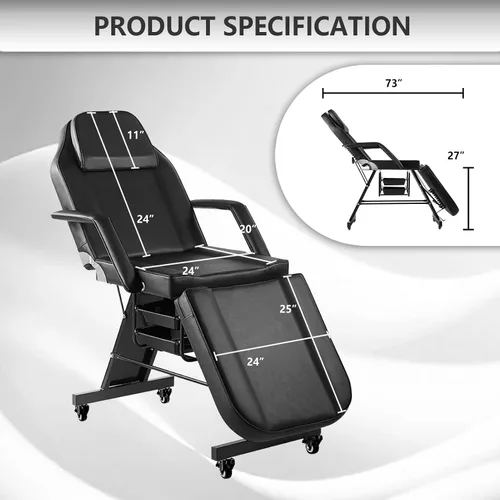 Miniatura 4 de Silla de tatuaje para cliente, silla facial con ruedas, cama de tatuaje ajustable de 73 pulgadas para mesa de masaje de artista, con taburete, cama