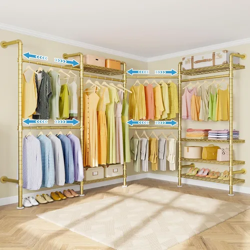 Miniatura 10 de Timate Perchero de ropa en forma de L L4 resistente para colgar ropa, perchero industrial expandible para ropa de tubería industrial montado