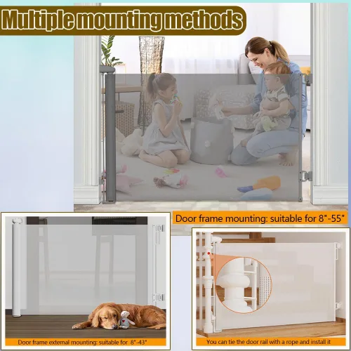 Miniatura 3 de Puertas retráctiles para bebés para escaleras, puertas, pasillos, puerta retráctil de malla suave para mascotas, uso en interiores o exteriores, Gris