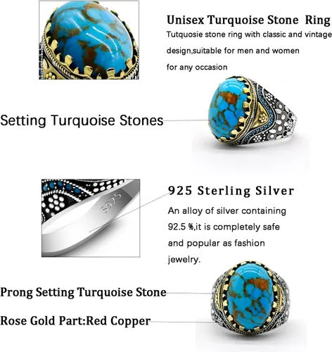Miniatura 5 de Retro Natural Turquoise Ring for Men, 925 Sterling Silver Oval Sky Blue Stone Statement Ring,Turkish Vintage Engraving Design Handmade