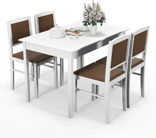 Miniatura 10 de Tangkula - Juego de mesa de comedor para 4, juego de comedor de madera maciza estilo granja con patas de madera de goma, asiento tapizado y respaldo
