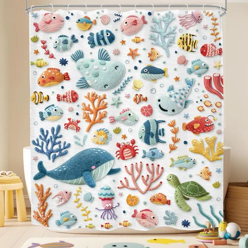 Miniatura 16 de Cortina de ducha para niños, océano, verano, linda ballena de dibujos animados, divertida decoración de baño para guardería, niños y niñas