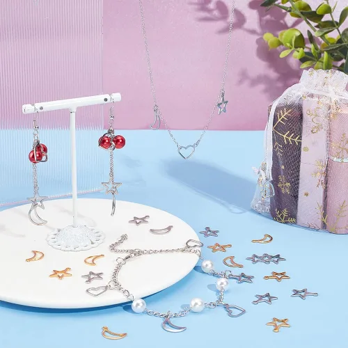 Miniatura 5 de UNICRAFTALE Dijes huecos de estrella y luna, 80 dijes de acero inoxidable, 2 colores, colgante de agujero pequeño, colgantes de metal, dijes planos