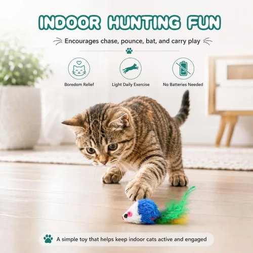 Miniatura 7 de FYNIGO Paquete de 17 juguetes interactivos para gatos de interior, ratones de felpa acentuados con hierba gatera con colas de plumas y sonido