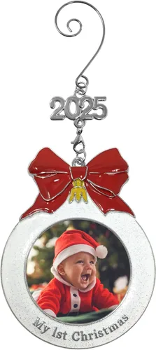 Miniatura 2 de Adorno fotográfico de la primera Navidad del bebé con un dije de 2025 - Con forma de bombilla con purpurina blanca y lazo rojo - Bolsa incluida