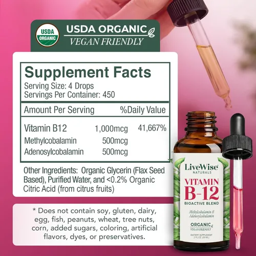 Miniatura 2 de Vitamina B12 Sublingual líquida – Gotas veganas de vitamina B12 líquida totalmente natural – Suplemento de adenosilcobalamina sin OMG