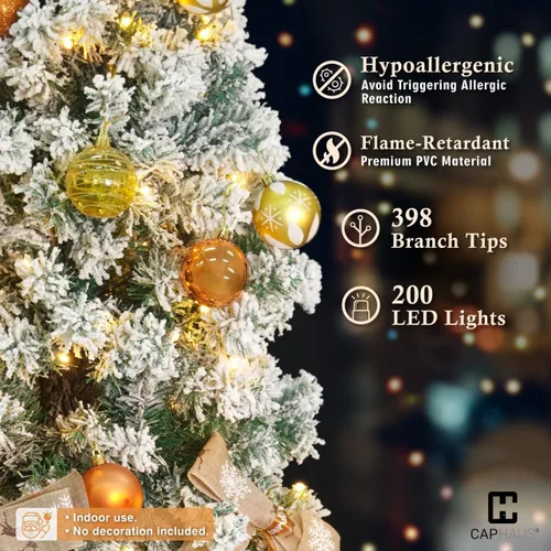 Miniatura 4 de CAPHAUS 4.5 pies Árbol de Navidad artificial preiluminado con nieve esmerilada, 200 luces LED y 398 puntas, árbol de Navidad falso con soporte
