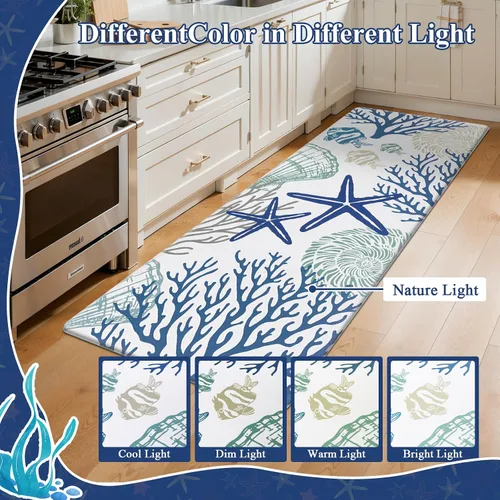 Miniatura 8 de SHACOS Coastal Beach - Juego de 2 tapetes de cocina antifatiga con temática de mar, conchas de estrella de mar azul, peces tropicales corales, 17 x