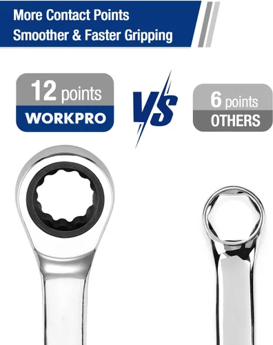 Miniatura 5 de WORKPRO Llave combinada de trinquete de 1/2 pulgada SAE, CR-V construida con cromado pulido espejo, diseño de 12 puntos, desplazamiento de 15 grados