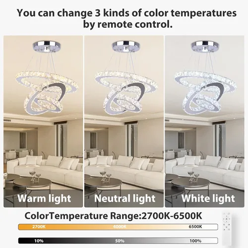 Miniatura 5 de Candelabro LED de cristal con iluminación regulable LED moderna lámpara de techo de 3 anillos ajustable de acero inoxidable para dormitorios y sala