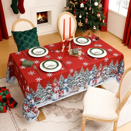 Miniatura 2 de Softalker Mantel Navideño Rectangular 60x102 Pulgadas, Mantel Rojo de Mesa de Invierno Navidad Muñeco de Nieve Camión, Cubierta de Mesa