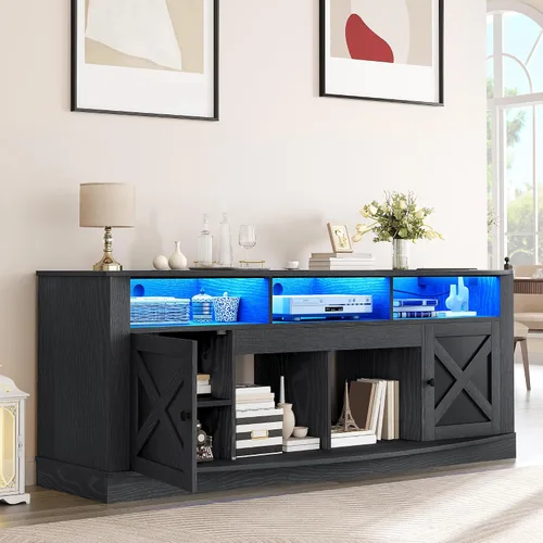 Miniatura 3 de YITAHOME Soporte de TV para TV de 75/80 pulgadas, Centro de Entretenimiento Negro de 70 pulgadas de ancho, Mueble de Medios Mesa de TV con Toma