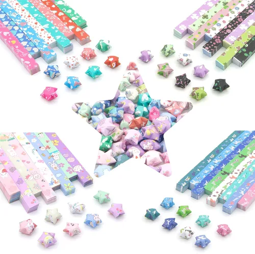 Miniatura 7 de 1120 hojas de tiras de papel para origami en forma de estrella con 2 diseños diferentes de lindos origami de dibujos animados para manualidades DIY