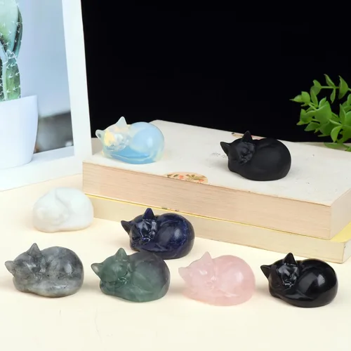 Miniatura 5 de Estatua de cristal de gato de obsidiana negra de 2 pulgadas, decoraciones de gato de cristal curativo, obsidiana tallada a mano pulida, figuras
