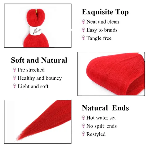 Miniatura 3 de SOKU - Cabello trenzado rojo preestirado de 24" de largo, 4 paquetes de fibra sintética trenzada con ganchillo, textura suave Yaki recta 4 paquetes