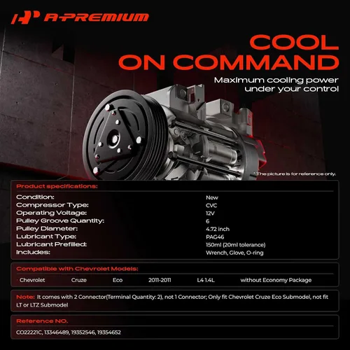 Miniatura 2 de Compresor de aire acondicionado A-Premium con embrague Compatible con Chevrolet Cruze 1.4L 2011, modelo ecológico, con 2 conectores