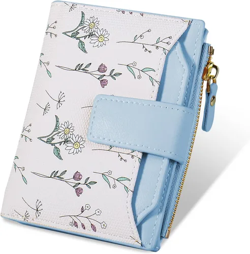 Miniatura 10 de Cartera Pequeña para Mujer - Cuero Suave con Bloqueo RFID Bifold con Cremallera para Tarjetas de Crédito - Cartera con Patrón Floral con Ventana
