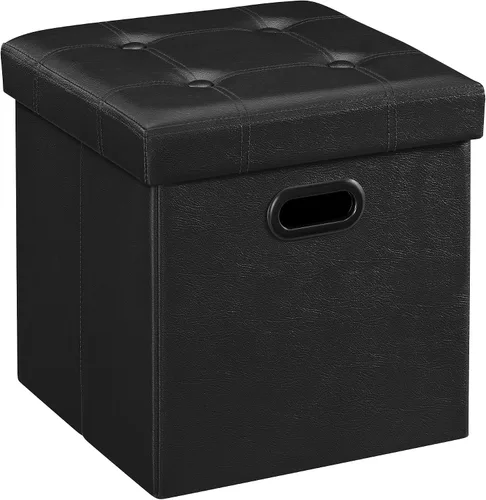 Otomana plegable por Songmics, cubo de almacenamiento de 15 pulgadas con agujero y asa, piel sintética, Madera, Negro