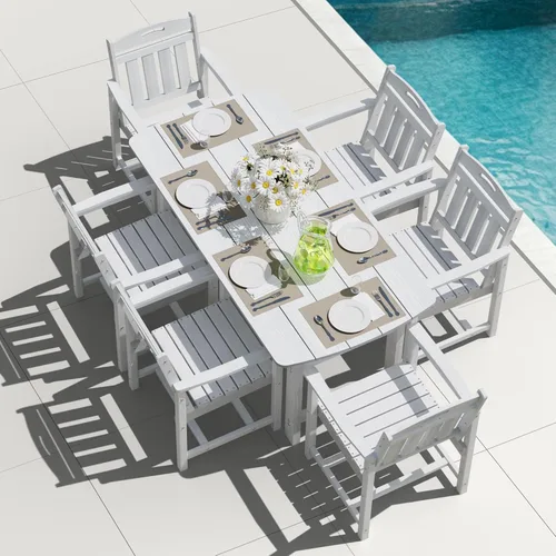 Miniatura 24 de Juego de comedor de patio al aire libre de HDPE con mesa y 6 sillas, juego de mesa y sillas de 7 piezas para todo clima, agujero para sombrilla de 2