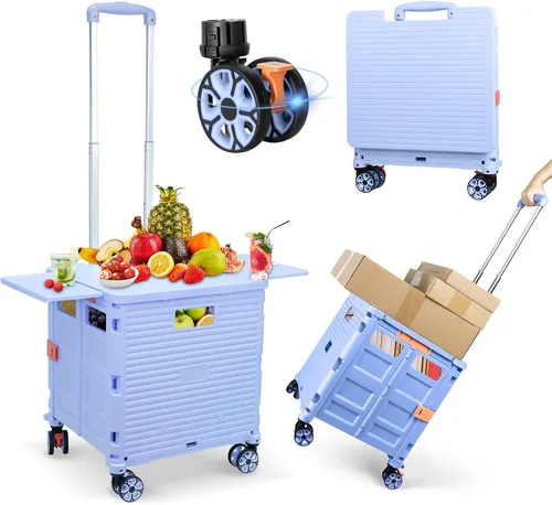 Miniatura 17 de FELICON SELORSS Carro de Utilidad Plegable Carro de Mano Plegable con Mango Telescópico de Plástico Resistente Cesta Plegable de 4 Ruedas Giratorias