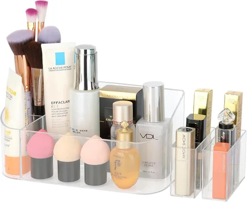 Bandeja organizadora de maquillaje transparente, vitrina de cosméticos, pequeño organizador de maquillaje para tocador, baño, encimera, encimera,