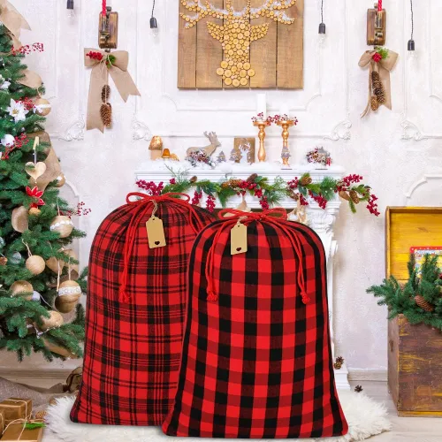 Miniatura 6 de HRX Package 2 bolsas de algodón de Papá Noel, bolsas de Navidad de tela a cuadros de 28 x 20 pulgadas, bolsas de Navidad reutilizables con etiqueta