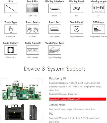 Miniatura 4 de Waveshare Pantalla LCD IPS táctil capacitiva de 8 pulgadas, sin carcasa trasera, resolución 1280×800, interfaz HDMI, compatible con Raspberry Pi