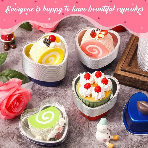 Miniatura 4 de Honeydak 100 juegos de moldes para hornear con forma de corazón, mini molde de aluminio de 3.4 onzas, lata desechable para cupcakes con tapas
