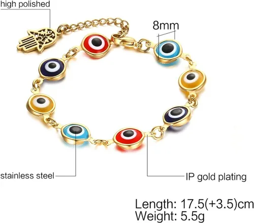 Miniatura 4 de Blowin Pulsera de acero inoxidable multicolor contra el mal de ojo pulsera de mano de Fátima Hamsa pulseras con encanto, Acero inoxidable
