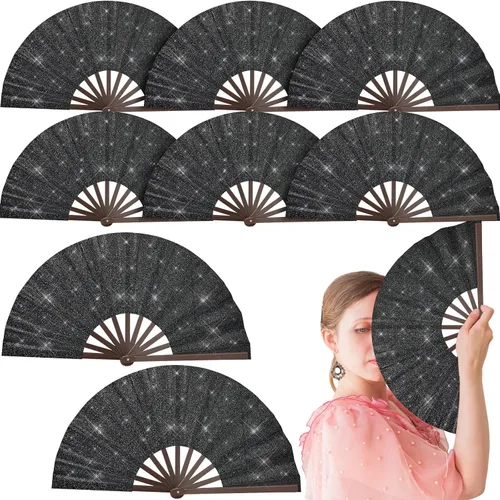 Wenqik Abanico de mano plegable grande con purpurina de 9 piezas, decoración del día de San Valentín, ventilador chino de Kung Fu para el hogar,
