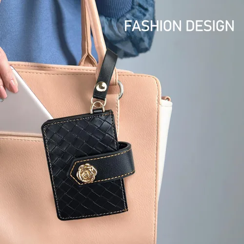Miniatura 4 de Cartera con llavero de pulsera, cartera de cuero con correa de pulsera, bolsillo delgado RFID para tarjetas de crédito con cordón, Negro -, Plegable