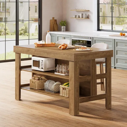Miniatura 3 de Tribesigns Isla de cocina con estantes de asiento y almacenamiento, mostrador de desayuno de 55.1 pulgadas, mesa de isla de granja para cocina