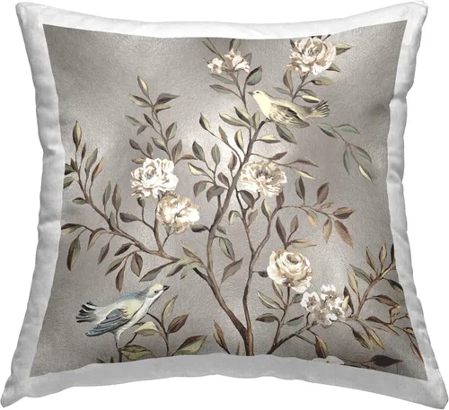 Stupell Industries Reneé Campbell - Almohada decorativa con diseño de árbol floral gris con diseño de pájaros, 18 x 18 pulgadas, color plateado