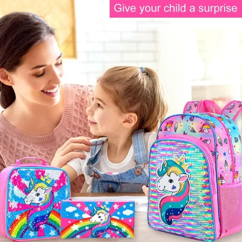 Miniatura 3 de 3 mochilas infantiles para niñas, 16 pulgadas, preescolar y lonchera - Unicorniosirenaflamenco