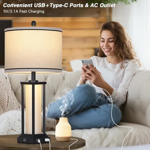Miniatura 3 de 27in Tall Farmhouse Table Lamp with USB C+A & Outlet,Black Industrial End Table Lamp for Living Room,Vintage Rustic Bedside Lamp with Night Light
