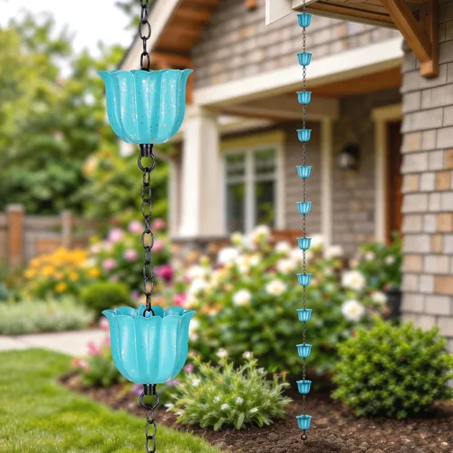 Miniatura 11 de Topadorn Cadena de lluvia de flores, cadena de canalón de hierro desgastado azul de 7.85 pies con 12 tazas, desviador de agua ajustable
