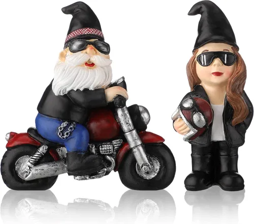 Chunful 2 piezas de gnomos de motociclista, montar en motocicleta, Navidad, gnomos suecos Tomte, figuras de resina, bandeja escalonada, decoración